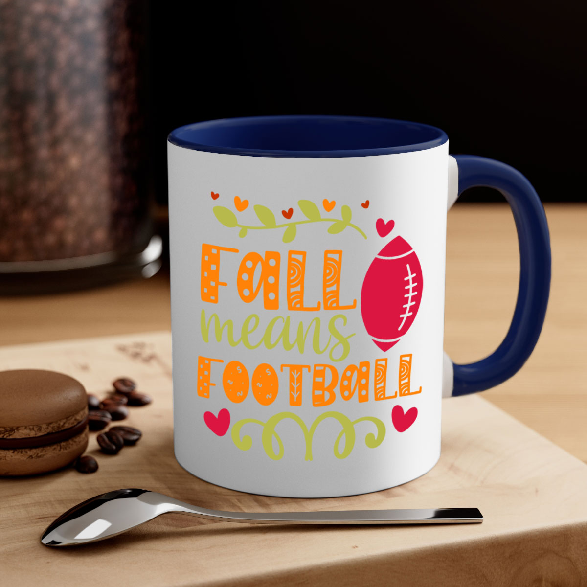 Fall Means Football Mug with two-tone design, featuring a colored handle and interior, perfect for coffee and tea lovers.