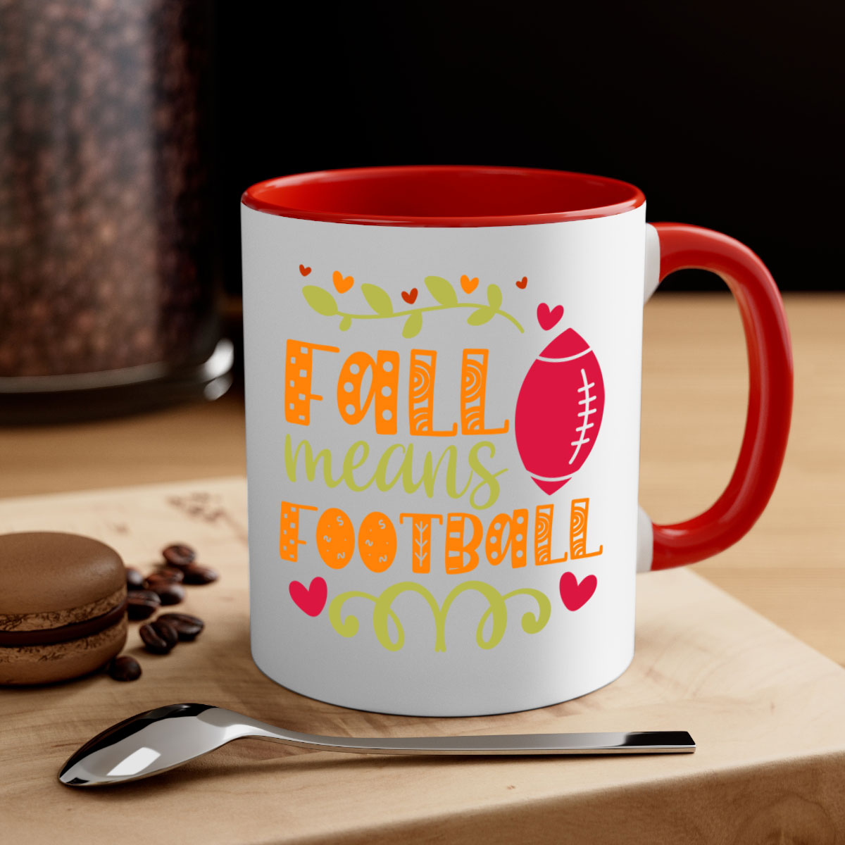 Fall Means Football Mug with two-tone design, featuring a colored handle and interior, perfect for coffee and tea lovers.