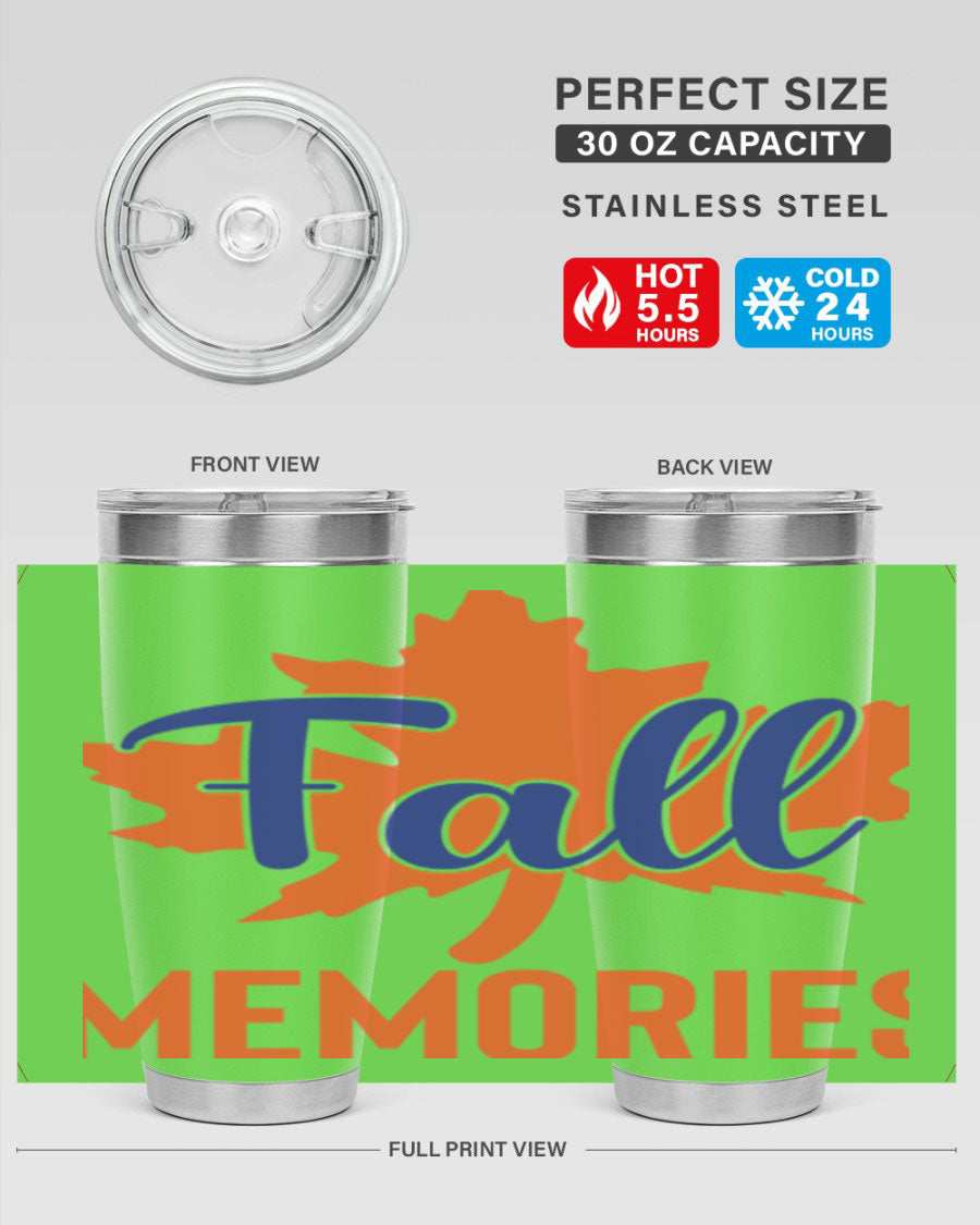 Fall Memories 20oz Tumbler made of stainless steel with a copper lining, featuring a drink-thru lid and vibrant fall-themed design.
