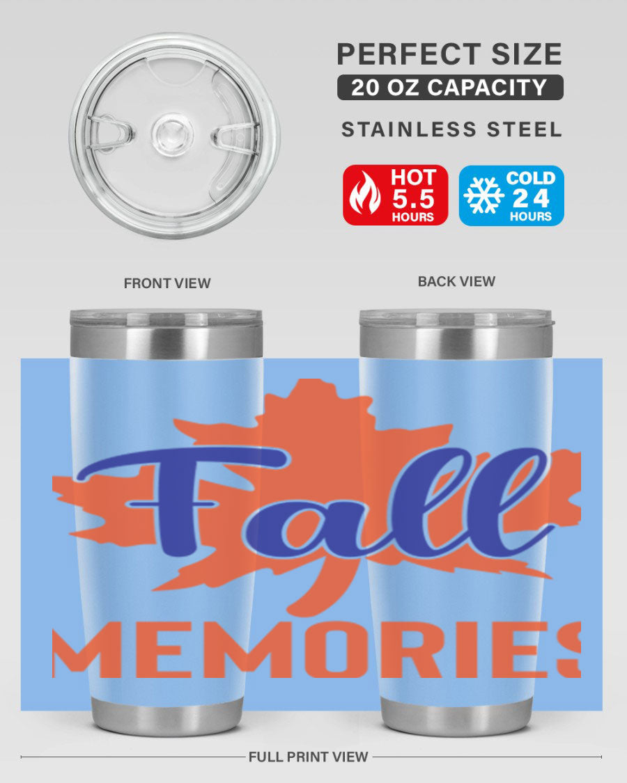 Fall Memories 20oz Tumbler made of stainless steel with a copper lining, featuring a drink-thru lid and vibrant fall-themed design.