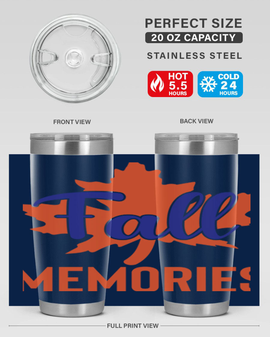 Fall Memories 20oz Tumbler made of stainless steel with a copper lining, featuring a drink-thru lid and vibrant fall-themed design.