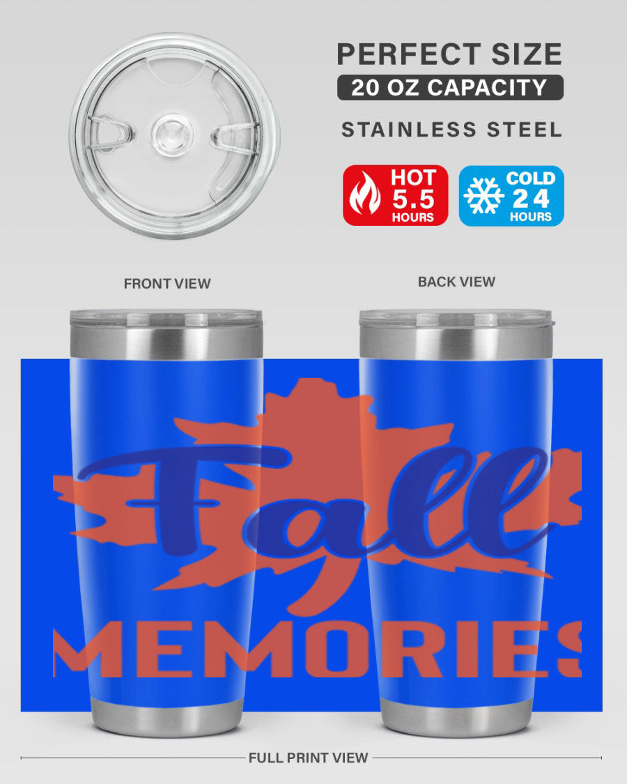 Fall Memories 20oz Tumbler made of stainless steel with a copper lining, featuring a drink-thru lid and vibrant fall-themed design.