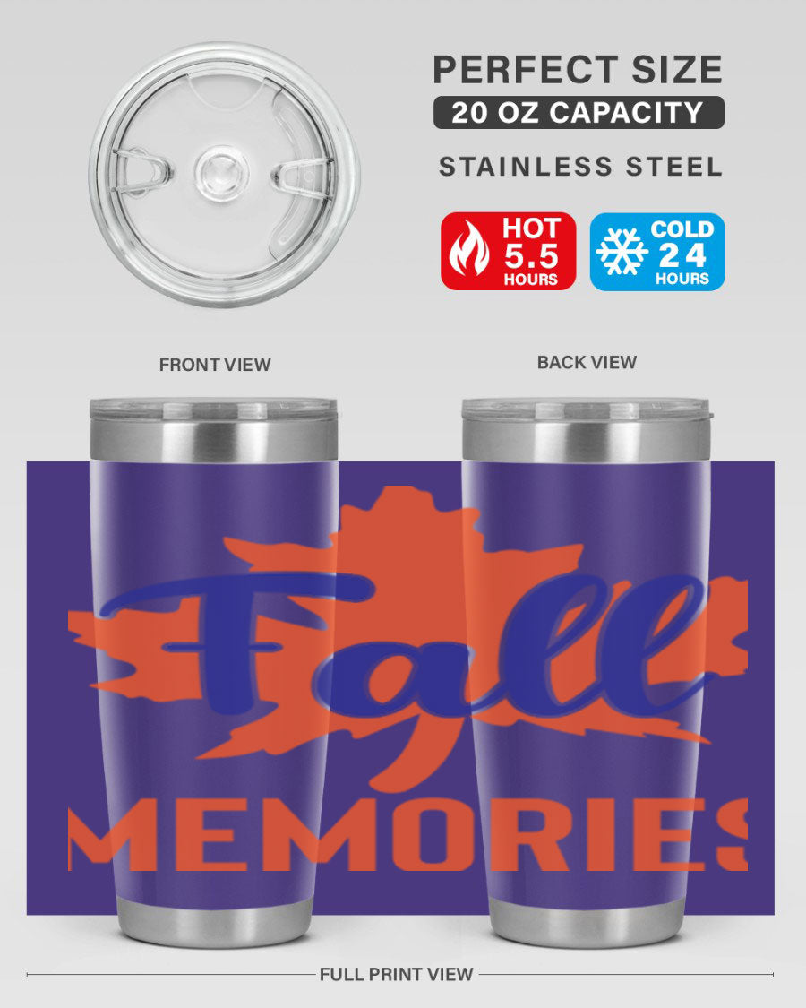 Fall Memories 20oz Tumbler made of stainless steel with a copper lining, featuring a drink-thru lid and vibrant fall-themed design.
