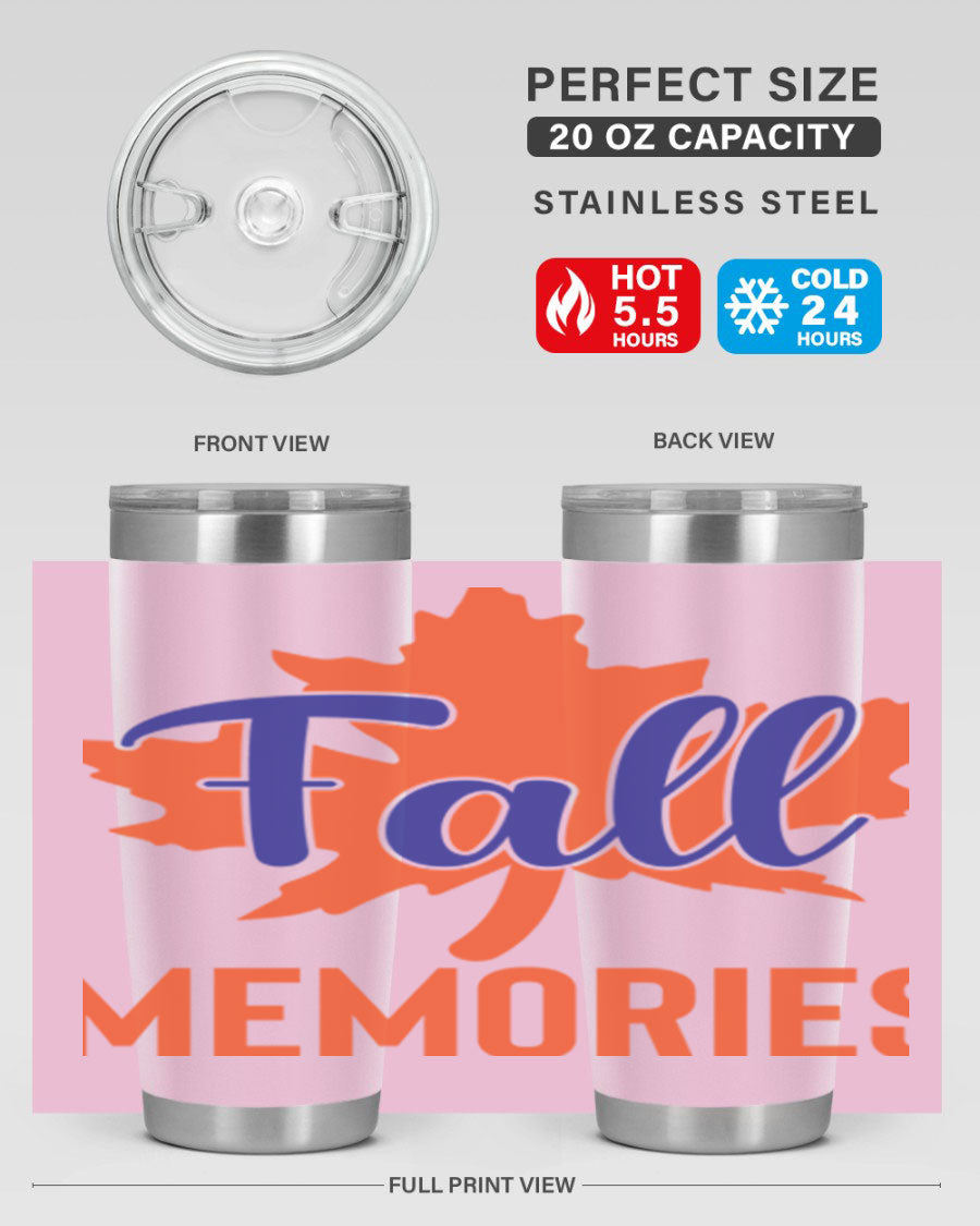 Fall Memories 20oz Tumbler made of stainless steel with a copper lining, featuring a drink-thru lid and vibrant fall-themed design.