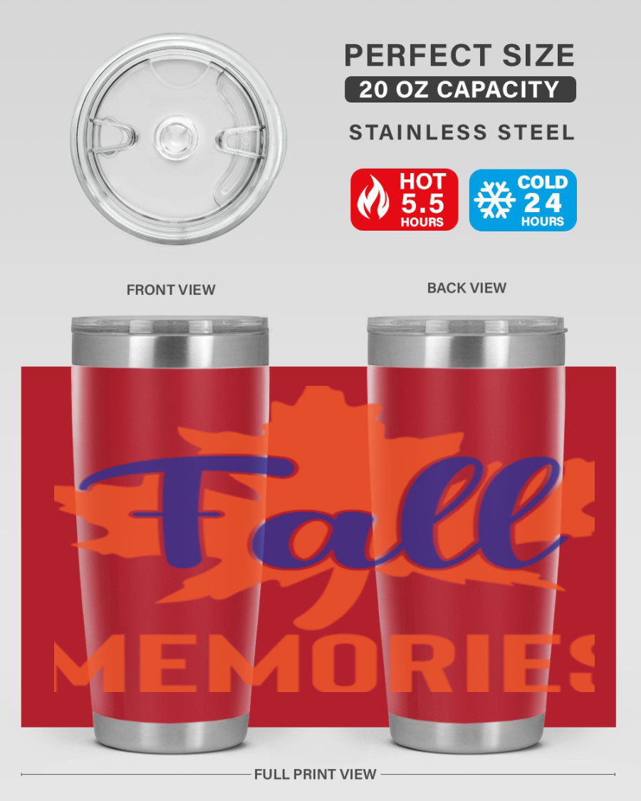 Fall Memories 20oz Tumbler made of stainless steel with a copper lining, featuring a drink-thru lid and vibrant fall-themed design.