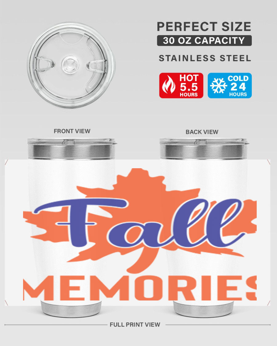 Fall Memories 20oz Tumbler made of stainless steel with a copper lining, featuring a drink-thru lid and vibrant fall-themed design.