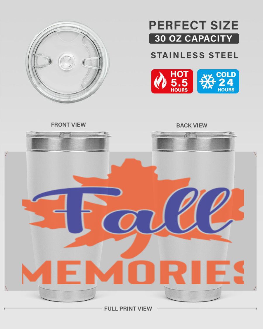 Fall Memories 20oz Tumbler made of stainless steel with a copper lining, featuring a drink-thru lid and vibrant fall-themed design.