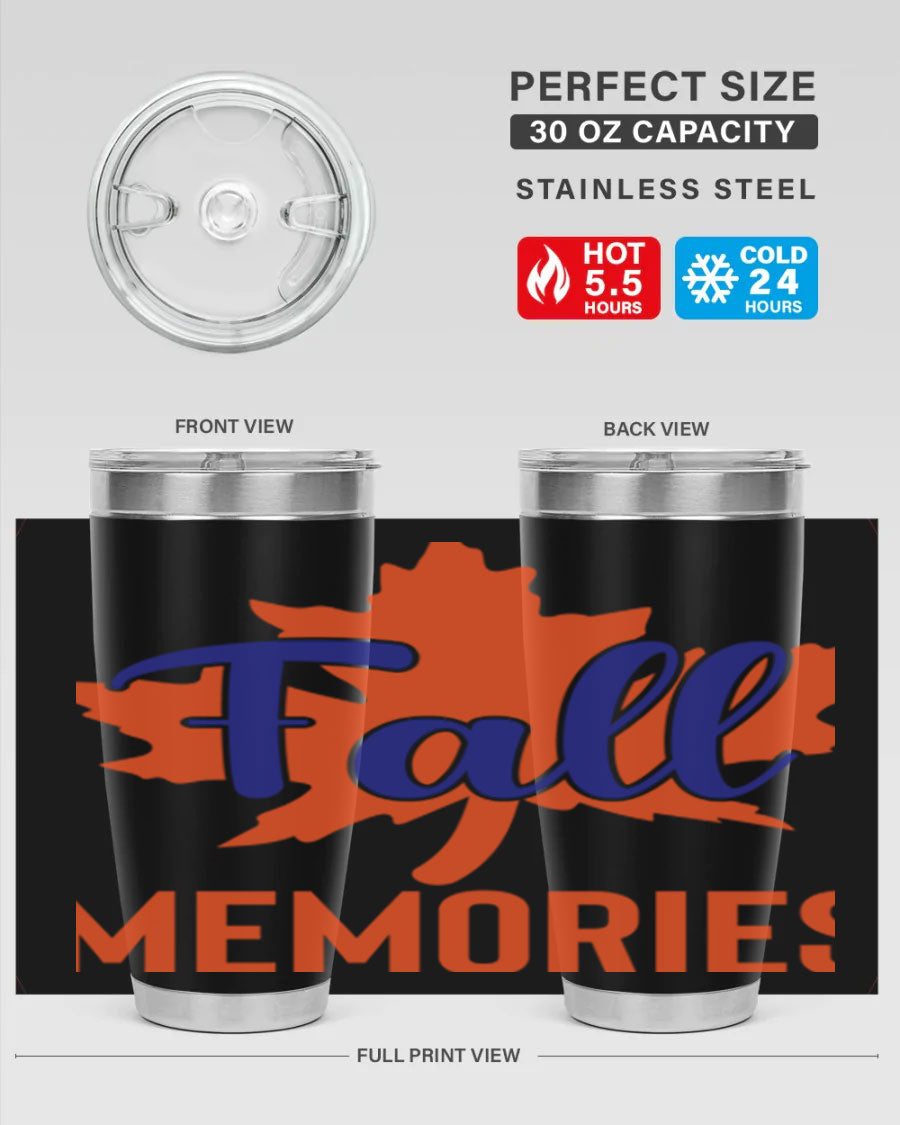 Fall Memories 20oz Tumbler made of stainless steel with a copper lining, featuring a drink-thru lid and vibrant fall-themed design.