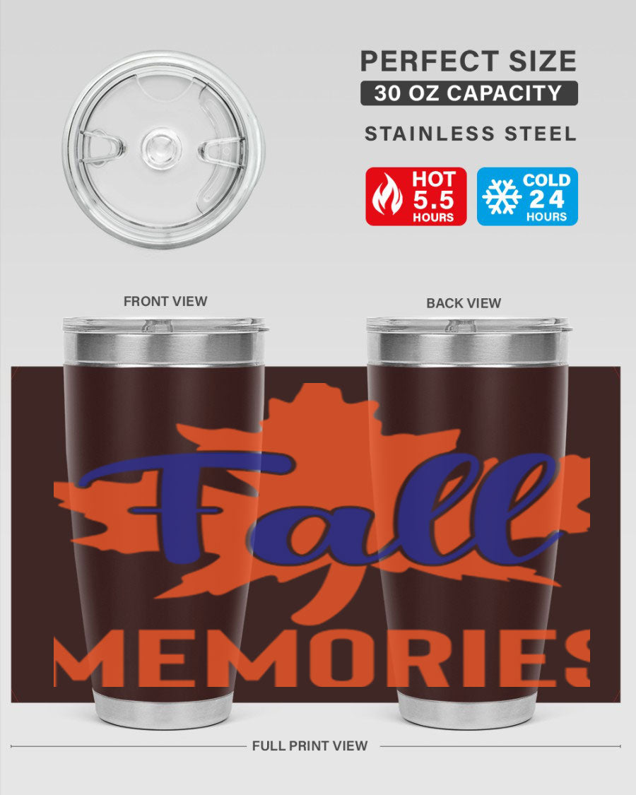 Fall Memories 20oz Tumbler made of stainless steel with a copper lining, featuring a drink-thru lid and vibrant fall-themed design.