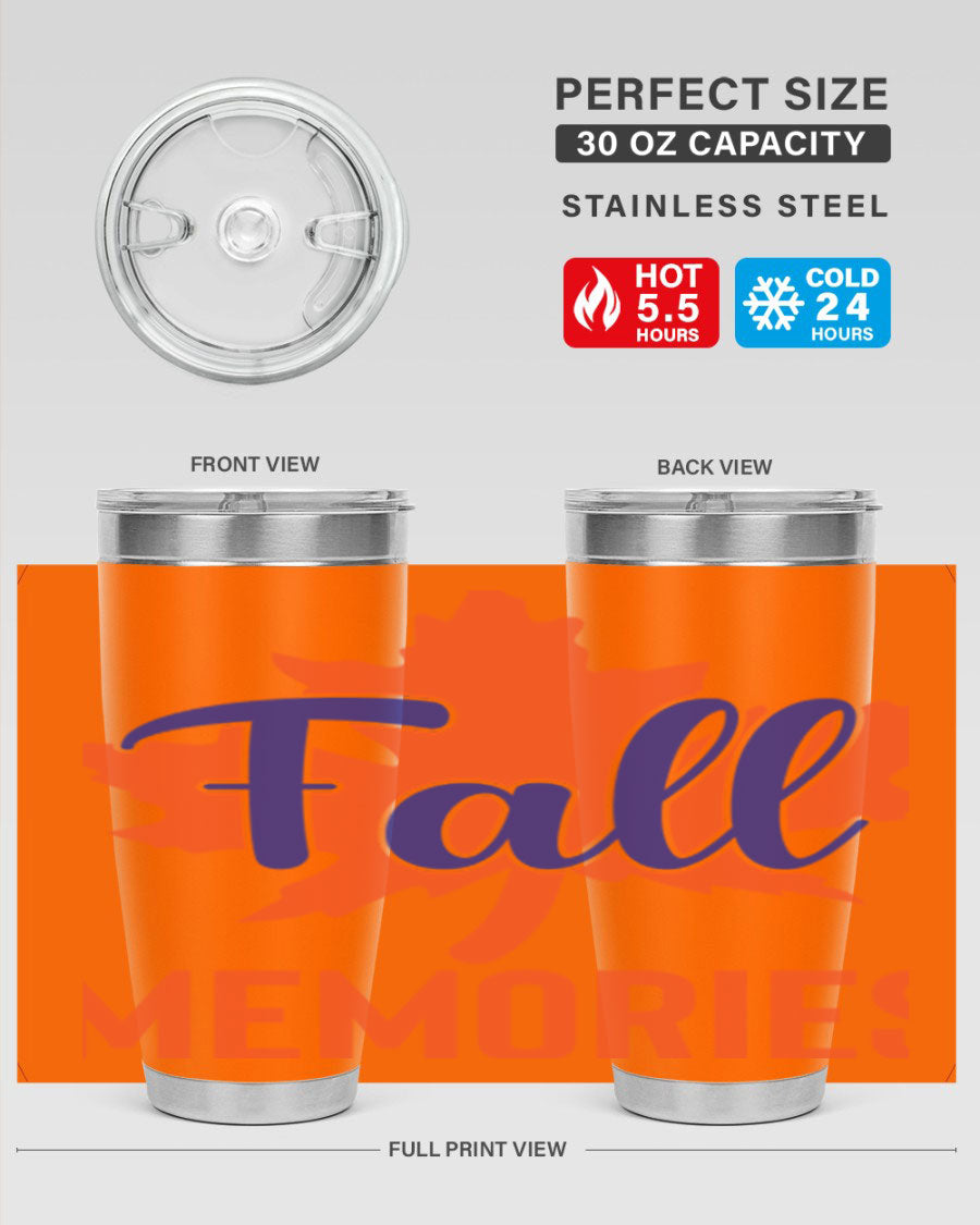 Fall Memories 20oz Tumbler made of stainless steel with a copper lining, featuring a drink-thru lid and vibrant fall-themed design.