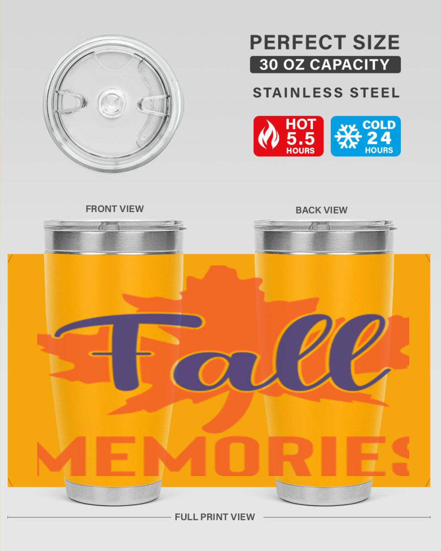 Fall Memories 20oz Tumbler made of stainless steel with a copper lining, featuring a drink-thru lid and vibrant fall-themed design.