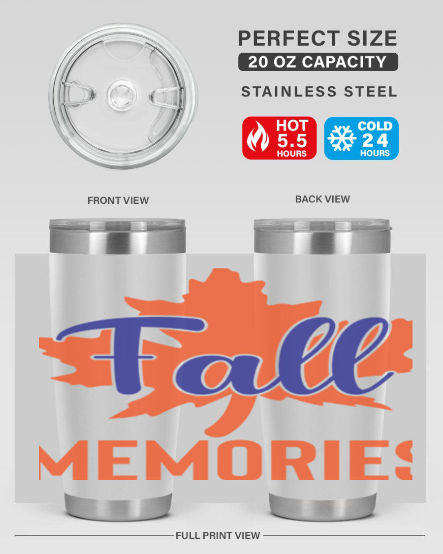 Fall Memories 20oz Tumbler made of stainless steel with a copper lining, featuring a drink-thru lid and vibrant fall-themed design.