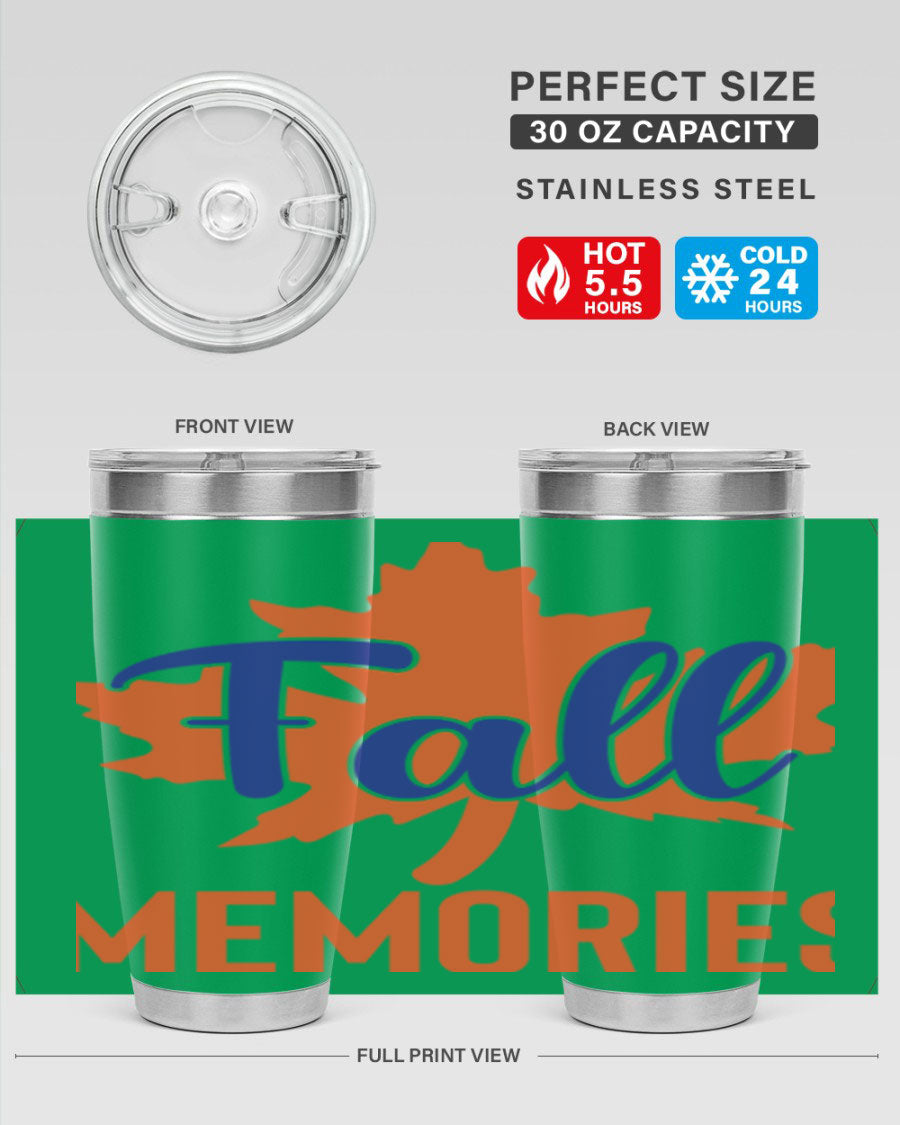 Fall Memories 20oz Tumbler made of stainless steel with a copper lining, featuring a drink-thru lid and vibrant fall-themed design.