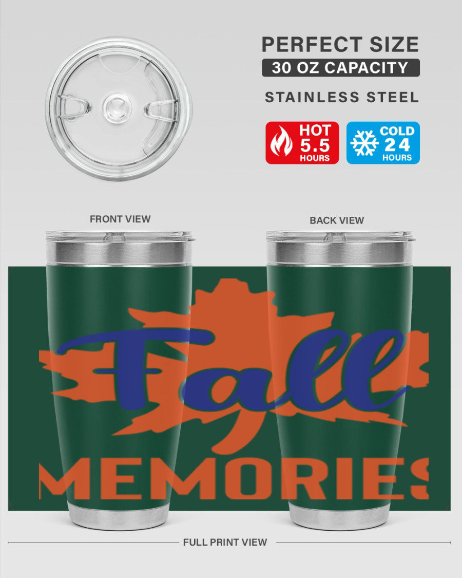 Fall Memories 20oz Tumbler made of stainless steel with a copper lining, featuring a drink-thru lid and vibrant fall-themed design.
