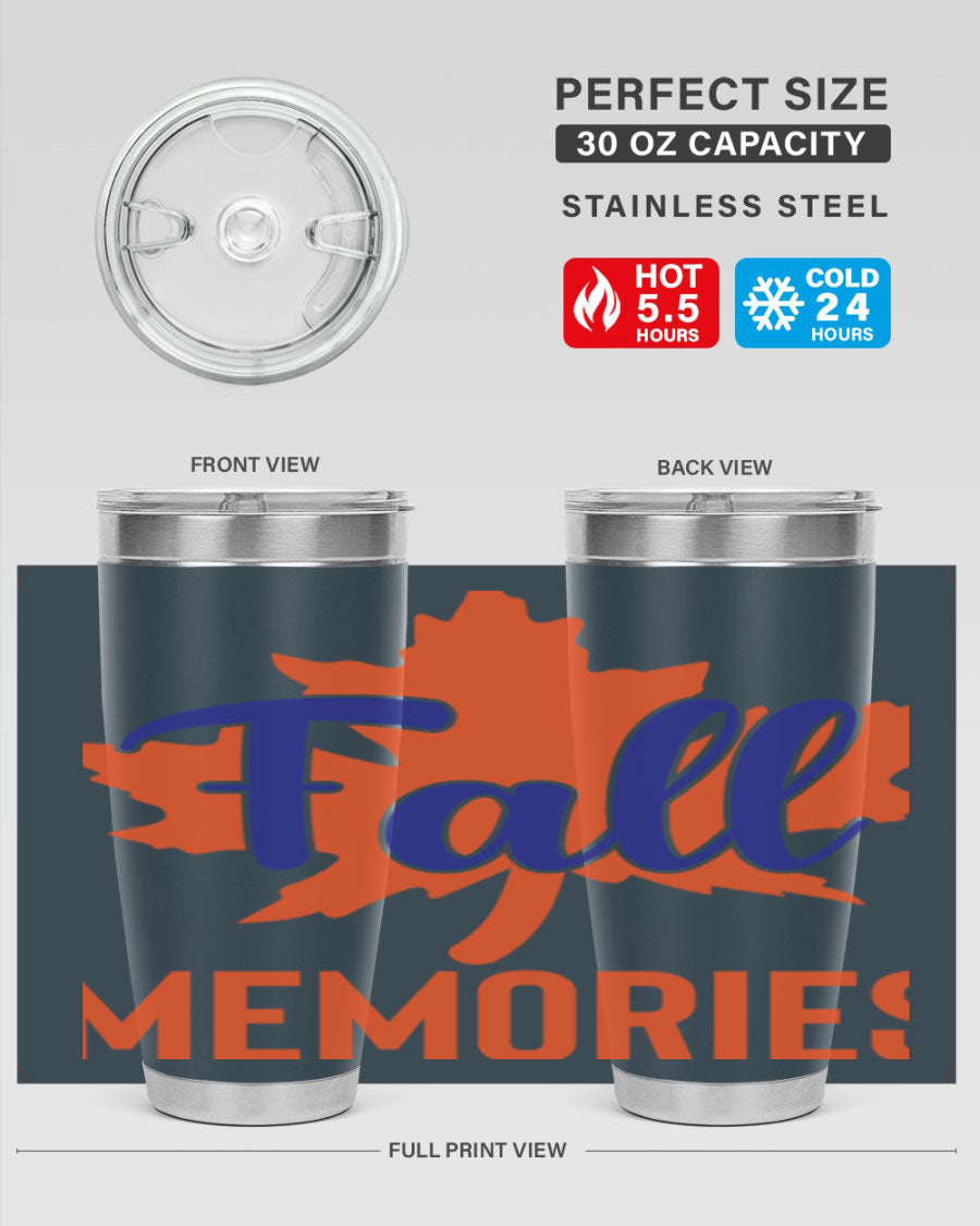 Fall Memories 20oz Tumbler made of stainless steel with a copper lining, featuring a drink-thru lid and vibrant fall-themed design.