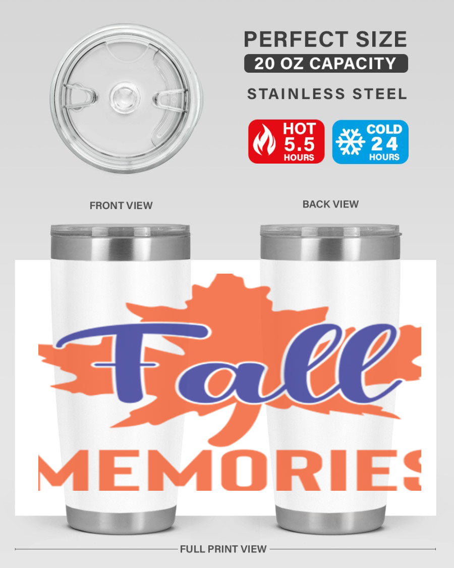 Fall Memories 20oz Tumbler made of stainless steel with a copper lining, featuring a drink-thru lid and vibrant fall-themed design.