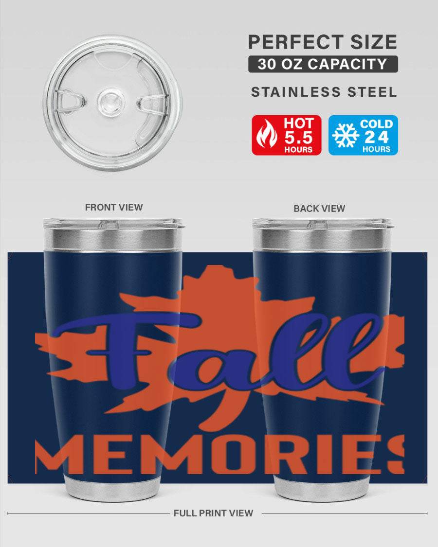 Fall Memories 20oz Tumbler made of stainless steel with a copper lining, featuring a drink-thru lid and vibrant fall-themed design.
