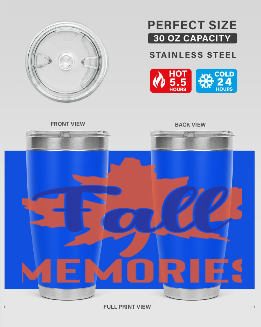 Fall Memories 20oz Tumbler made of stainless steel with a copper lining, featuring a drink-thru lid and vibrant fall-themed design.