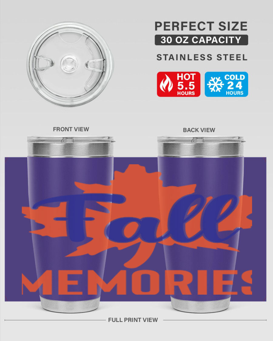 Fall Memories 20oz Tumbler made of stainless steel with a copper lining, featuring a drink-thru lid and vibrant fall-themed design.