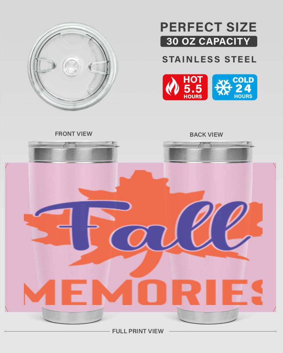 Fall Memories 20oz Tumbler made of stainless steel with a copper lining, featuring a drink-thru lid and vibrant fall-themed design.