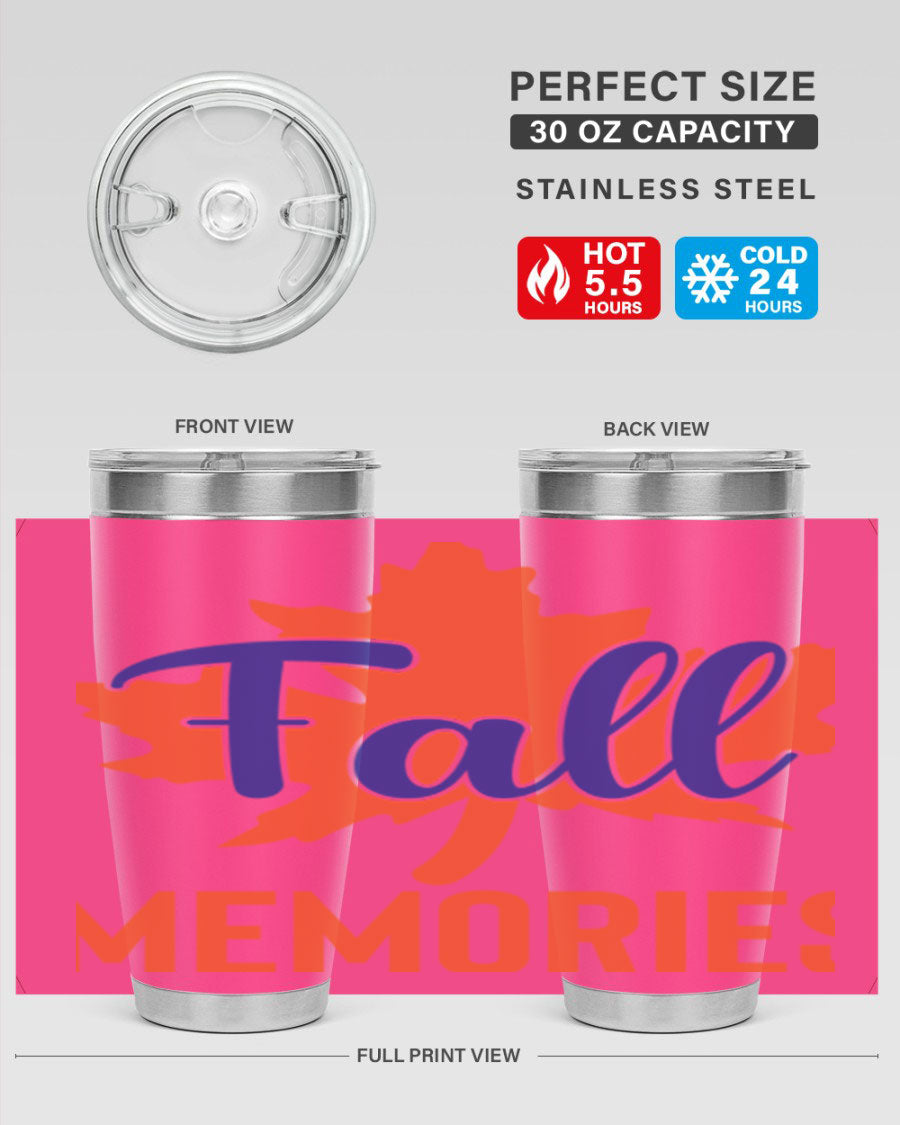 Fall Memories 20oz Tumbler made of stainless steel with a copper lining, featuring a drink-thru lid and vibrant fall-themed design.