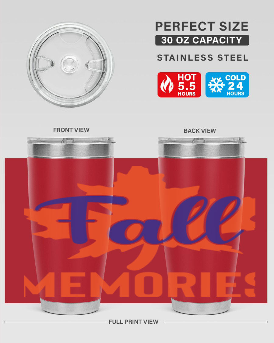 Fall Memories 20oz Tumbler made of stainless steel with a copper lining, featuring a drink-thru lid and vibrant fall-themed design.
