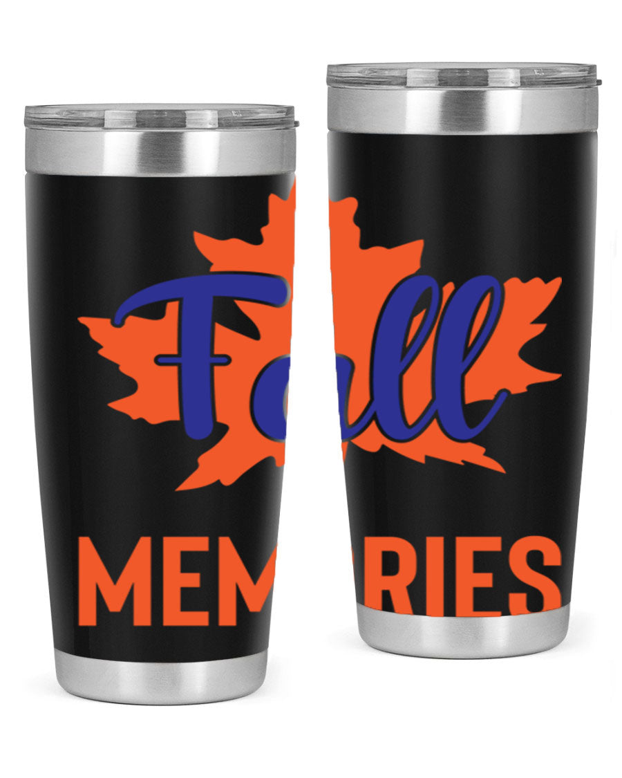 Fall Memories 20oz Tumbler made of stainless steel with a copper lining, featuring a drink-thru lid and vibrant fall-themed design.