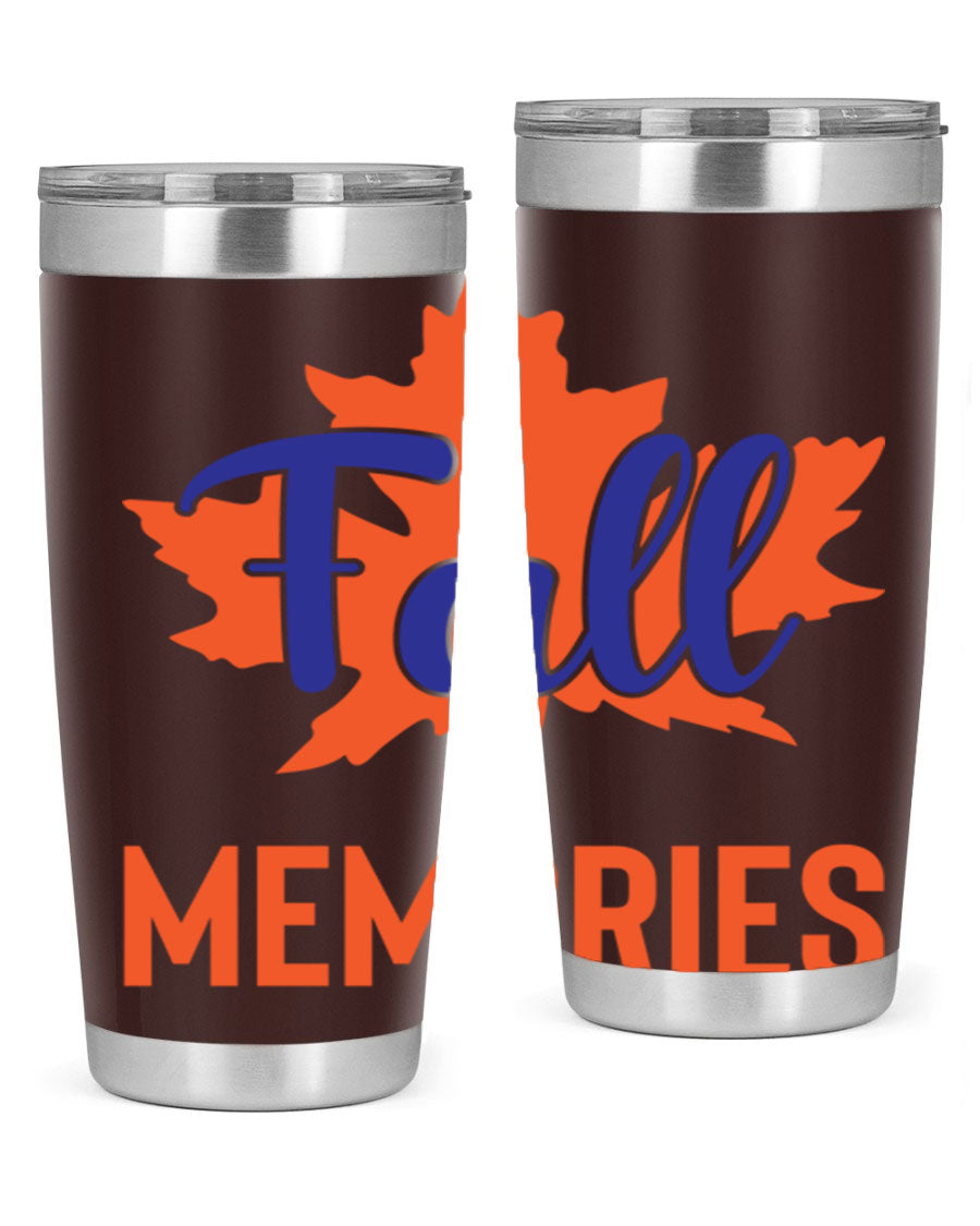 Fall Memories 20oz Tumbler made of stainless steel with a copper lining, featuring a drink-thru lid and vibrant fall-themed design.