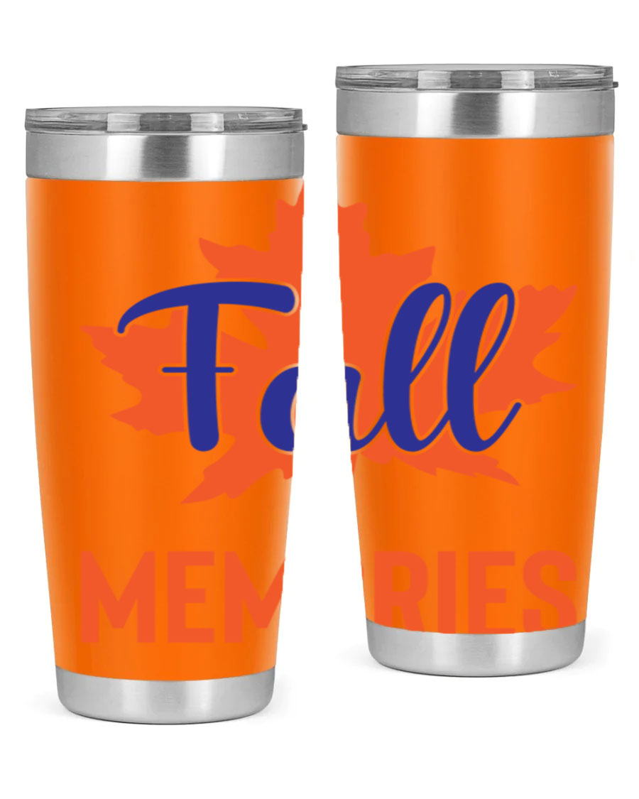 Fall Memories 20oz Tumbler made of stainless steel with a copper lining, featuring a drink-thru lid and vibrant fall-themed design.