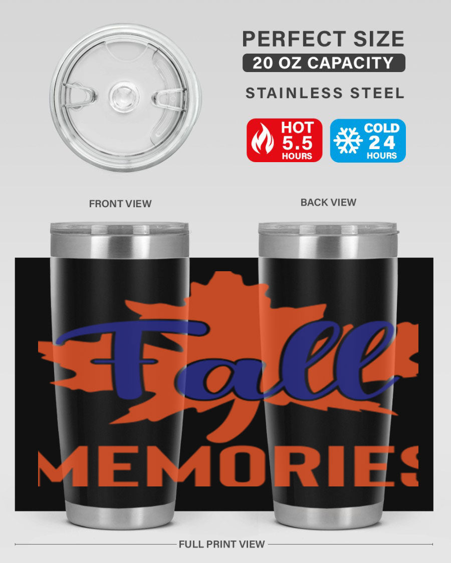 Fall Memories 20oz Tumbler made of stainless steel with a copper lining, featuring a drink-thru lid and vibrant fall-themed design.