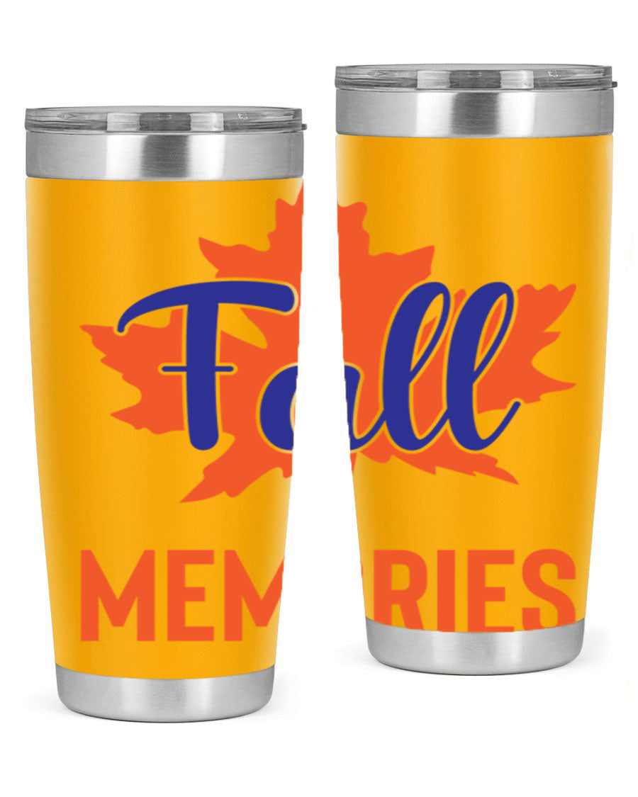 Fall Memories 20oz Tumbler made of stainless steel with a copper lining, featuring a drink-thru lid and vibrant fall-themed design.