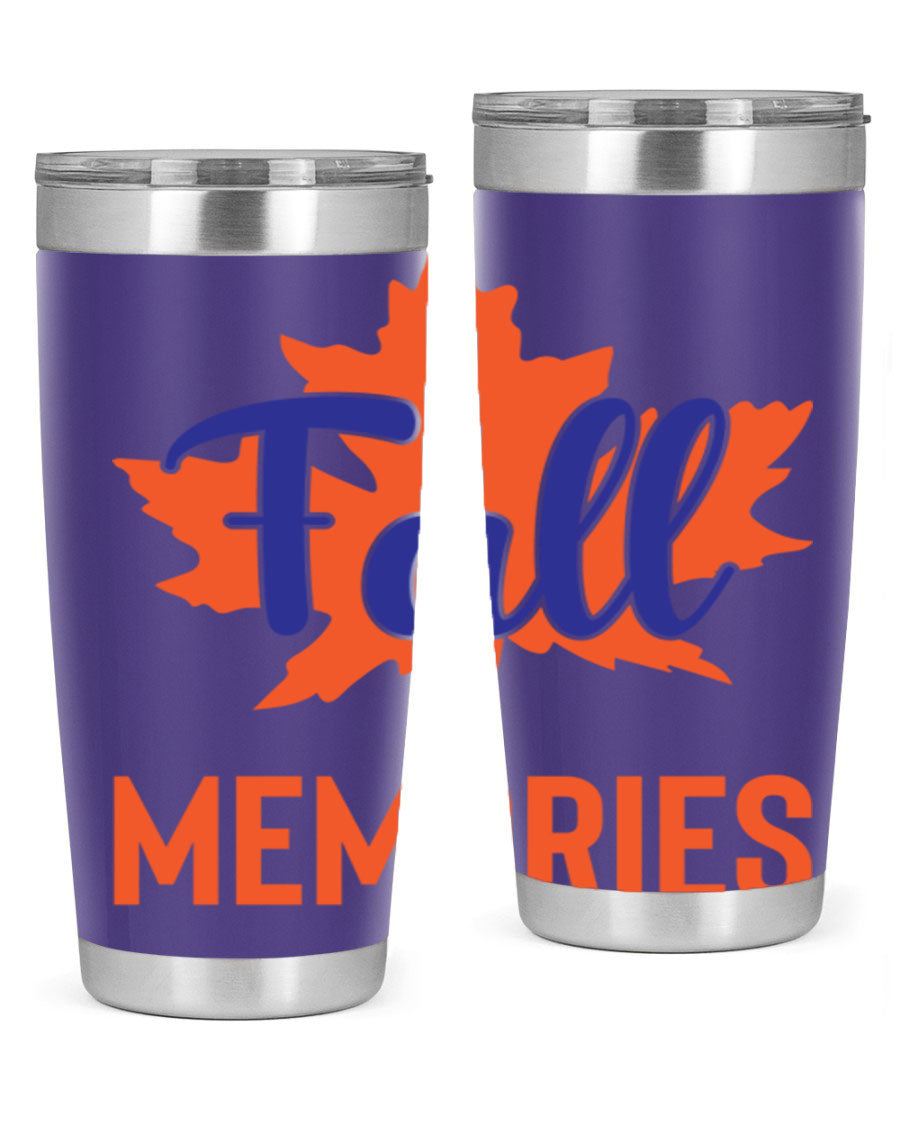 Fall Memories 20oz Tumbler made of stainless steel with a copper lining, featuring a drink-thru lid and vibrant fall-themed design.