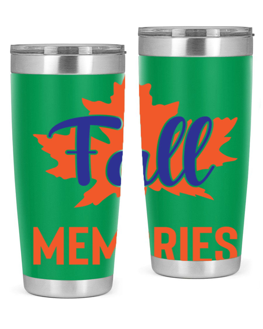 Fall Memories 20oz Tumbler made of stainless steel with a copper lining, featuring a drink-thru lid and vibrant fall-themed design.