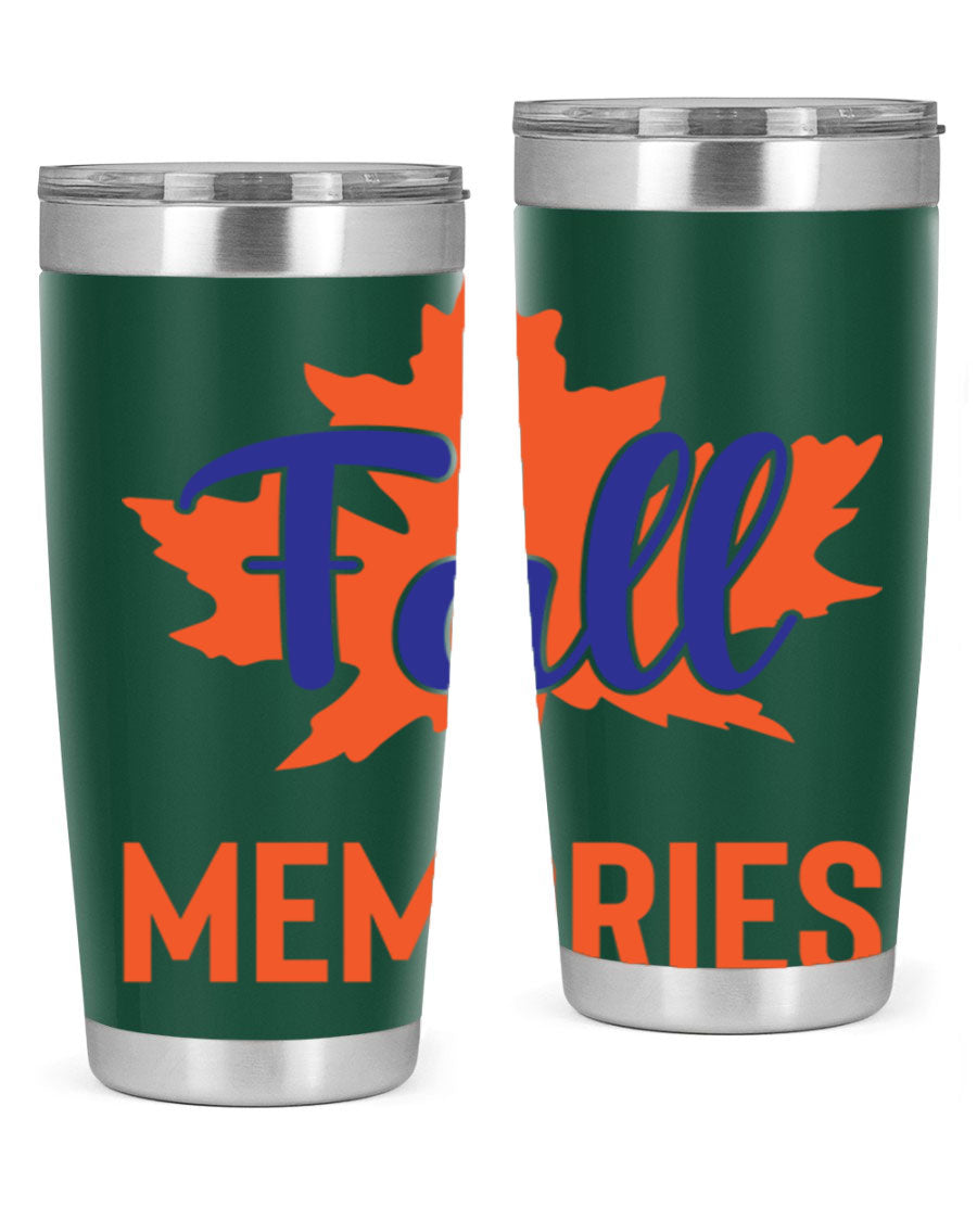 Fall Memories 20oz Tumbler made of stainless steel with a copper lining, featuring a drink-thru lid and vibrant fall-themed design.