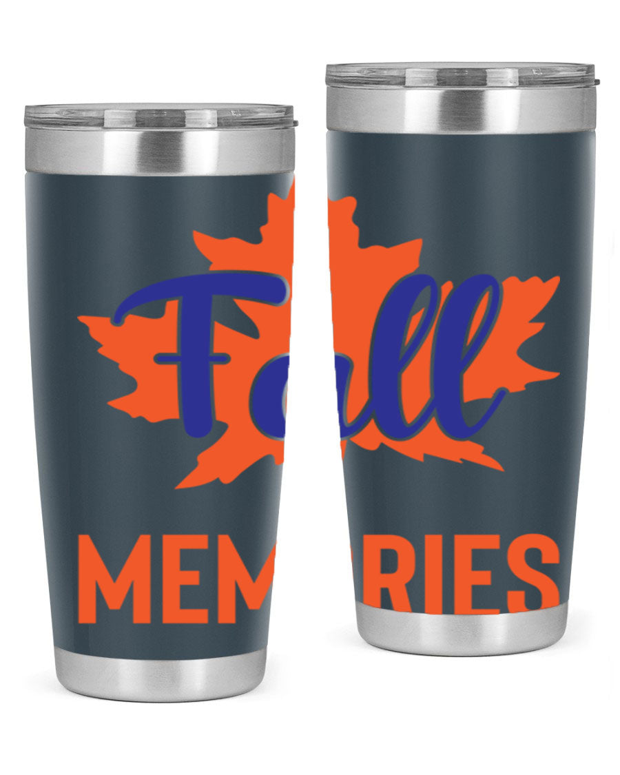 Fall Memories 20oz Tumbler made of stainless steel with a copper lining, featuring a drink-thru lid and vibrant fall-themed design.