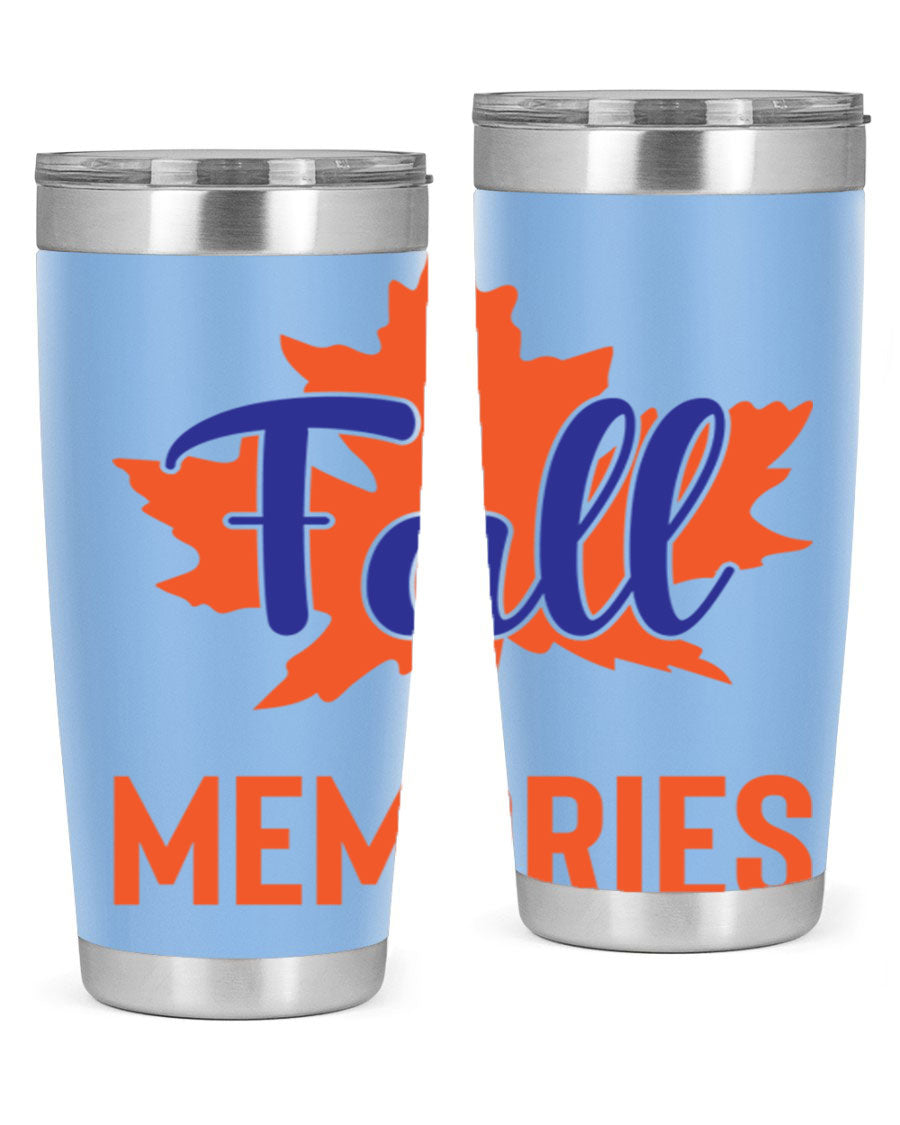 Fall Memories 20oz Tumbler made of stainless steel with a copper lining, featuring a drink-thru lid and vibrant fall-themed design.