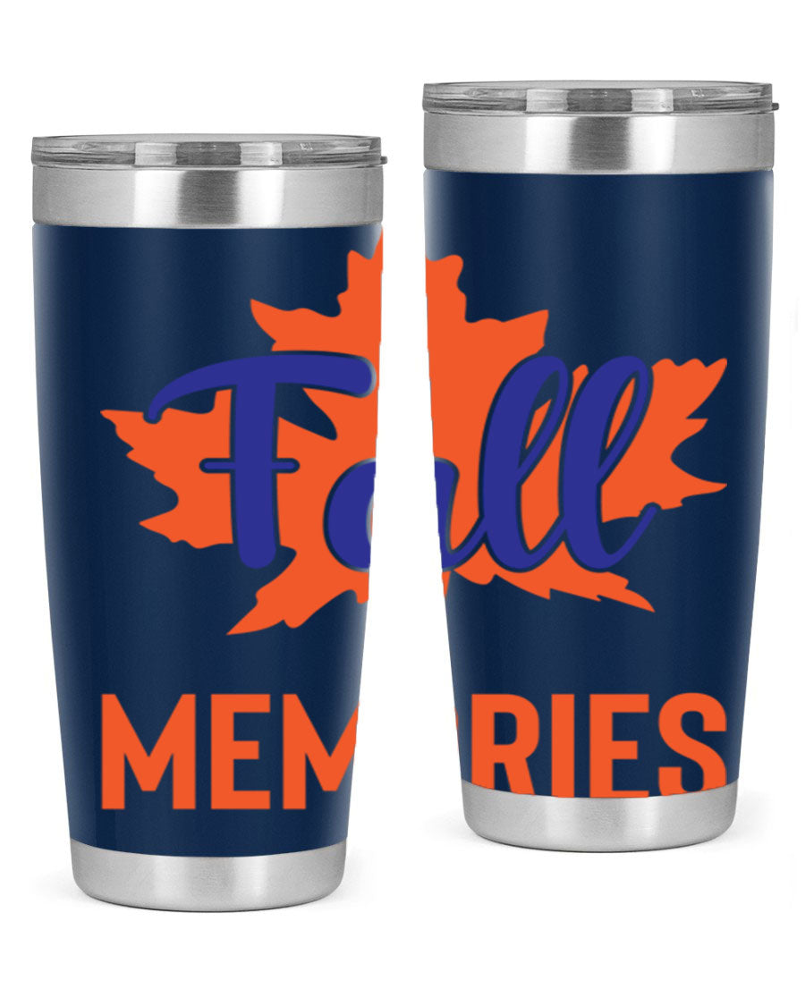 Fall Memories 20oz Tumbler made of stainless steel with a copper lining, featuring a drink-thru lid and vibrant fall-themed design.