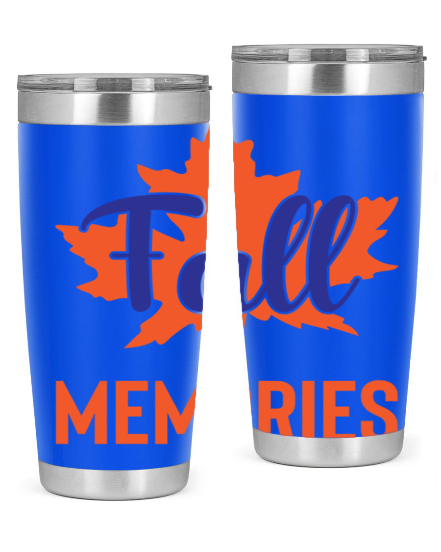 Fall Memories 20oz Tumbler made of stainless steel with a copper lining, featuring a drink-thru lid and vibrant fall-themed design.