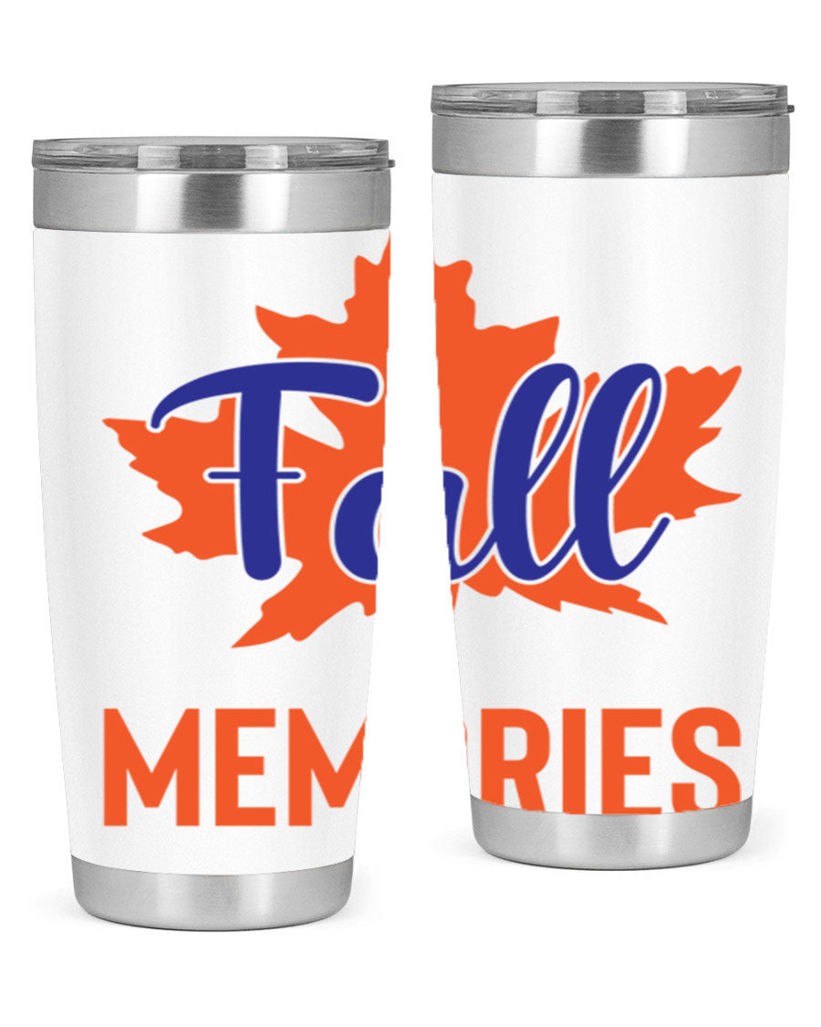 Fall Memories 20oz Tumbler made of stainless steel with a copper lining, featuring a drink-thru lid and vibrant fall-themed design.