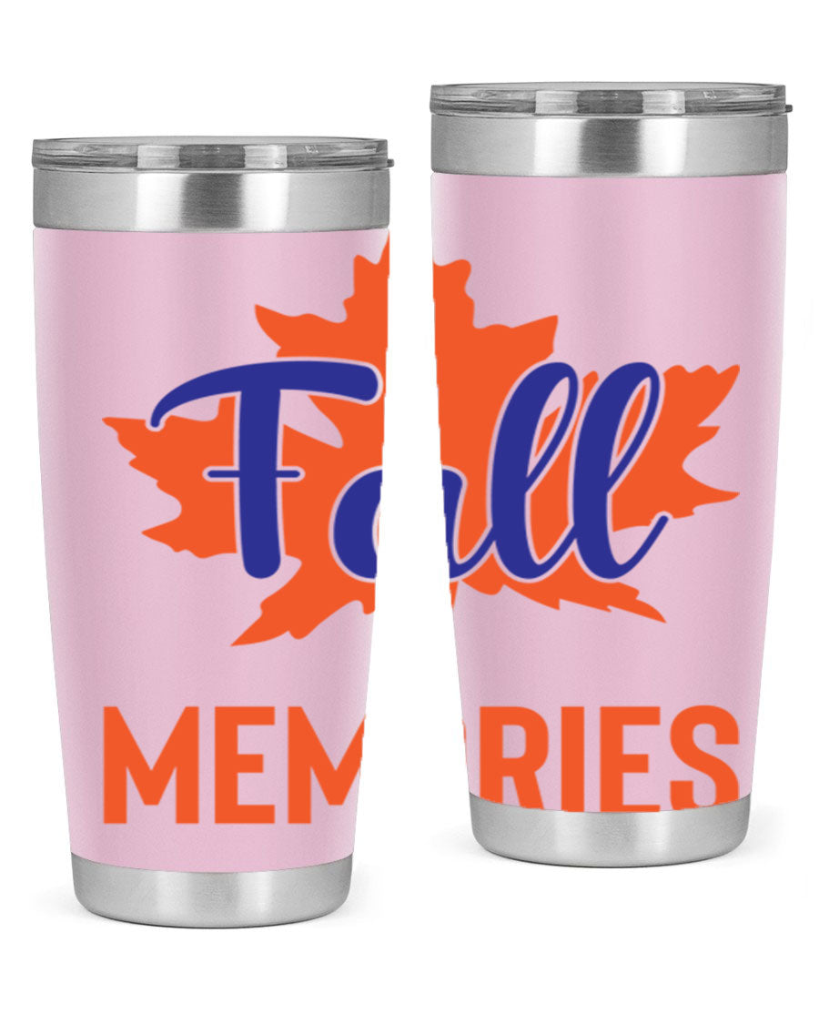 Fall Memories 20oz Tumbler made of stainless steel with a copper lining, featuring a drink-thru lid and vibrant fall-themed design.