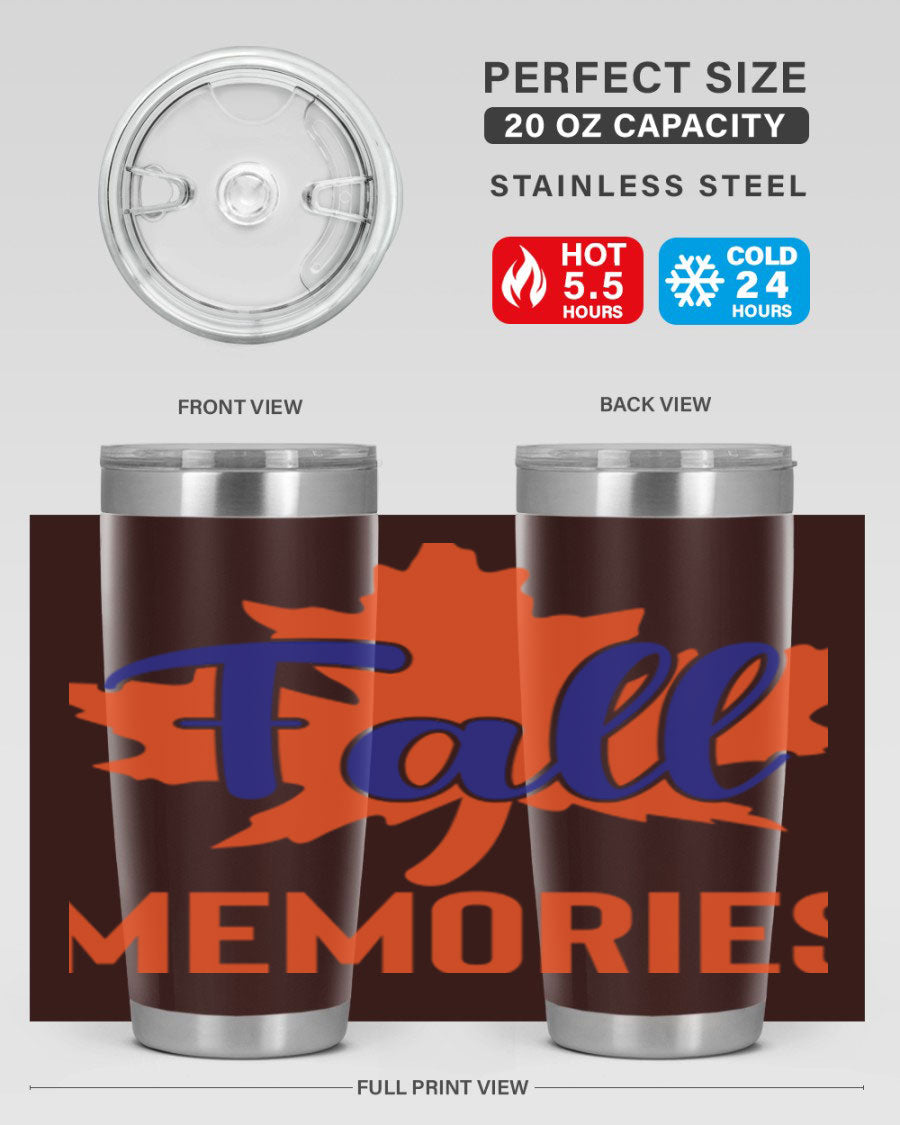 Fall Memories 20oz Tumbler made of stainless steel with a copper lining, featuring a drink-thru lid and vibrant fall-themed design.