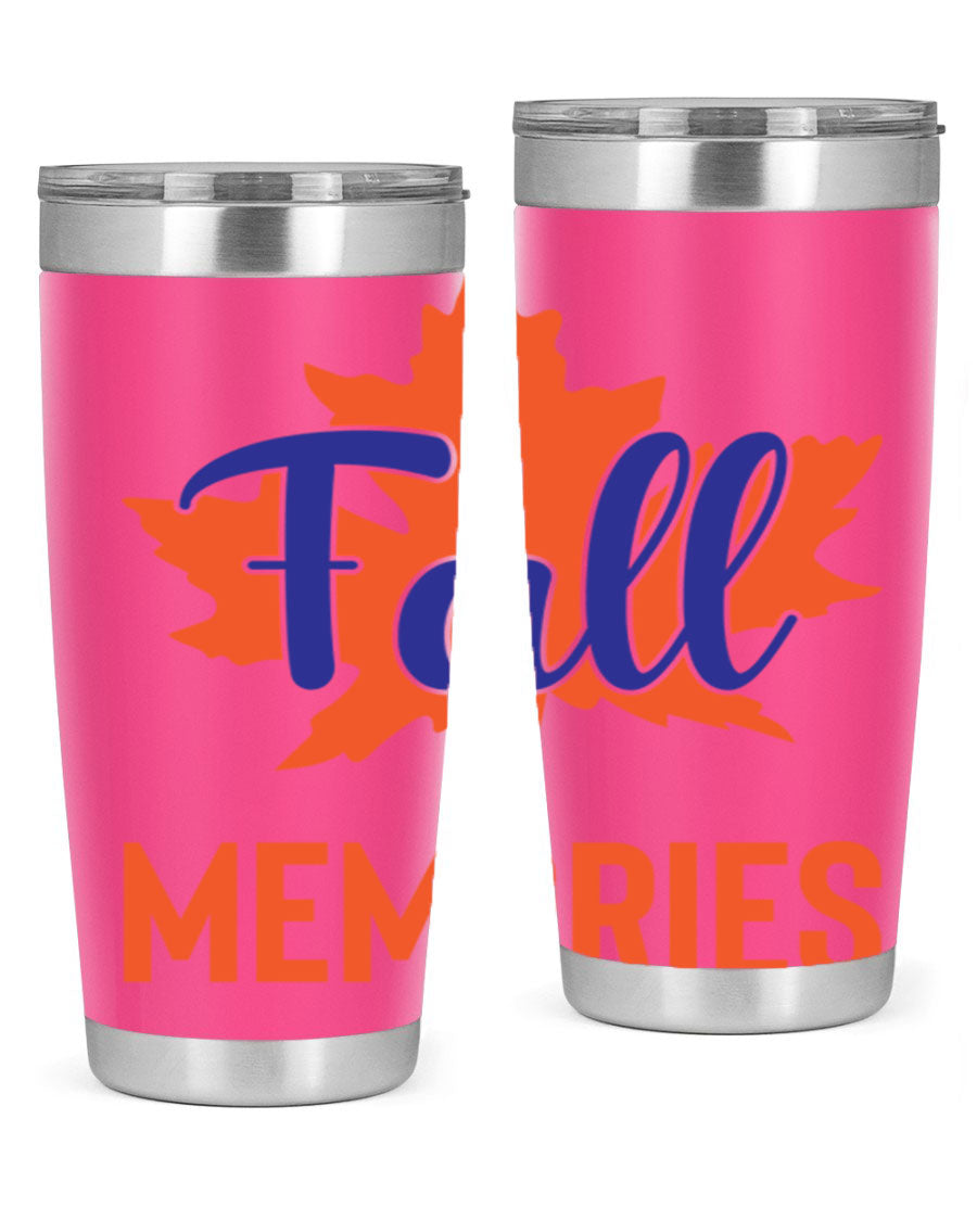 Fall Memories 20oz Tumbler made of stainless steel with a copper lining, featuring a drink-thru lid and vibrant fall-themed design.