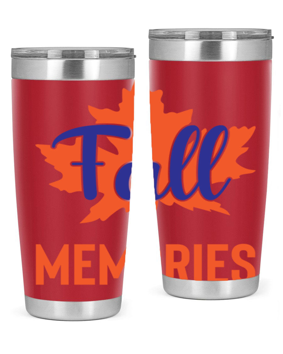Fall Memories 20oz Tumbler made of stainless steel with a copper lining, featuring a drink-thru lid and vibrant fall-themed design.