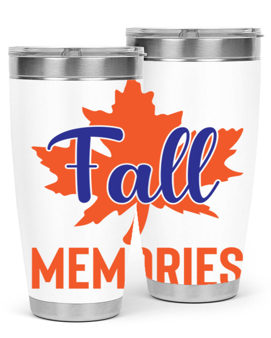 Fall Memories 20oz Tumbler made of stainless steel with a copper lining, featuring a drink-thru lid and vibrant fall-themed design.