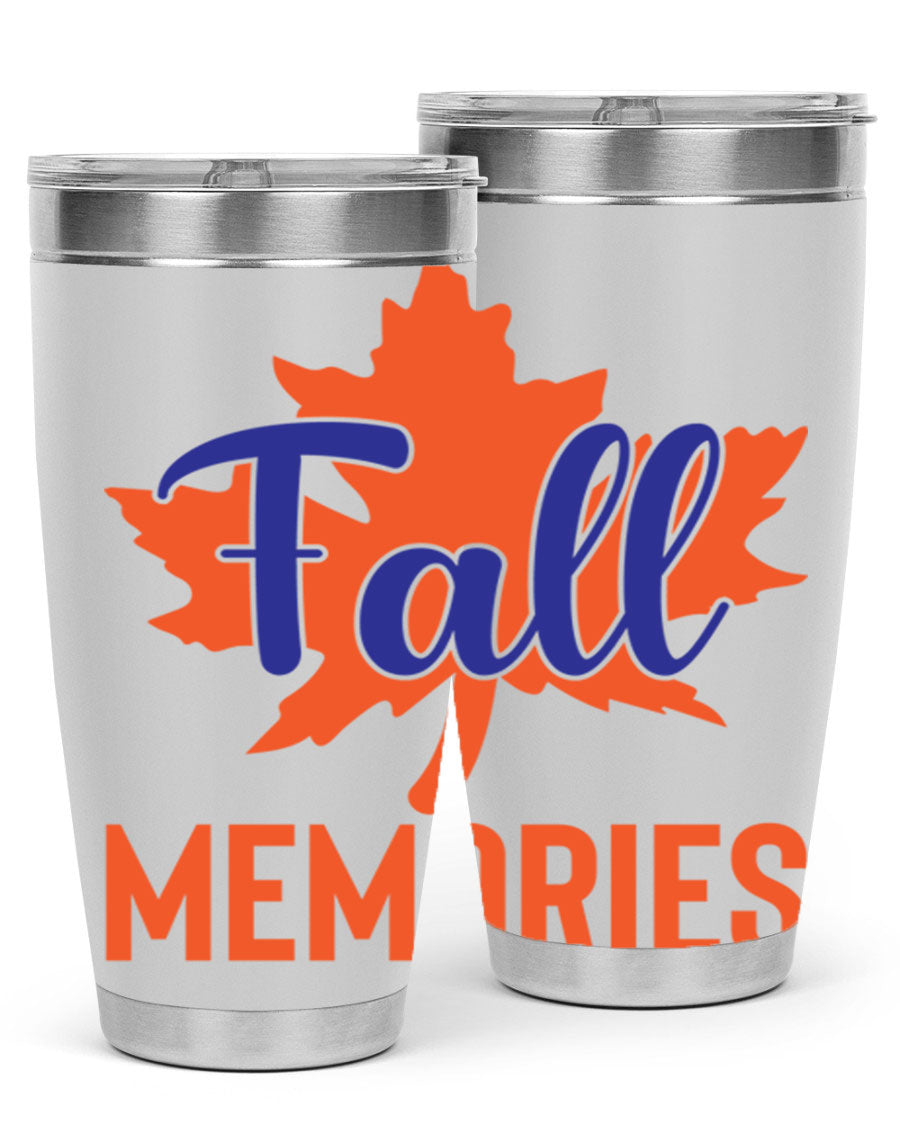Fall Memories 20oz Tumbler made of stainless steel with a copper lining, featuring a drink-thru lid and vibrant fall-themed design.