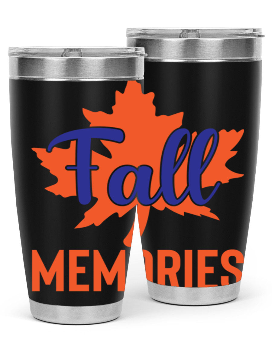 Fall Memories 20oz Tumbler made of stainless steel with a copper lining, featuring a drink-thru lid and vibrant fall-themed design.