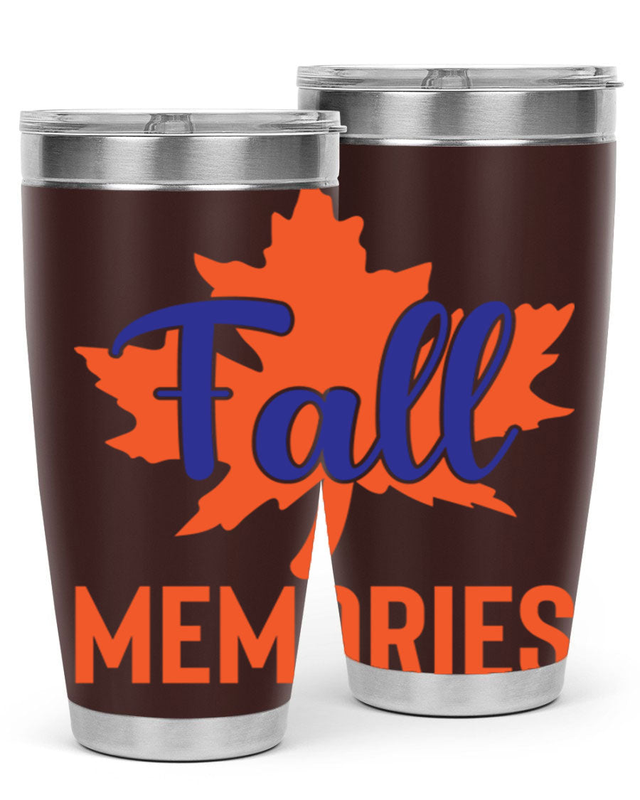Fall Memories 20oz Tumbler made of stainless steel with a copper lining, featuring a drink-thru lid and vibrant fall-themed design.