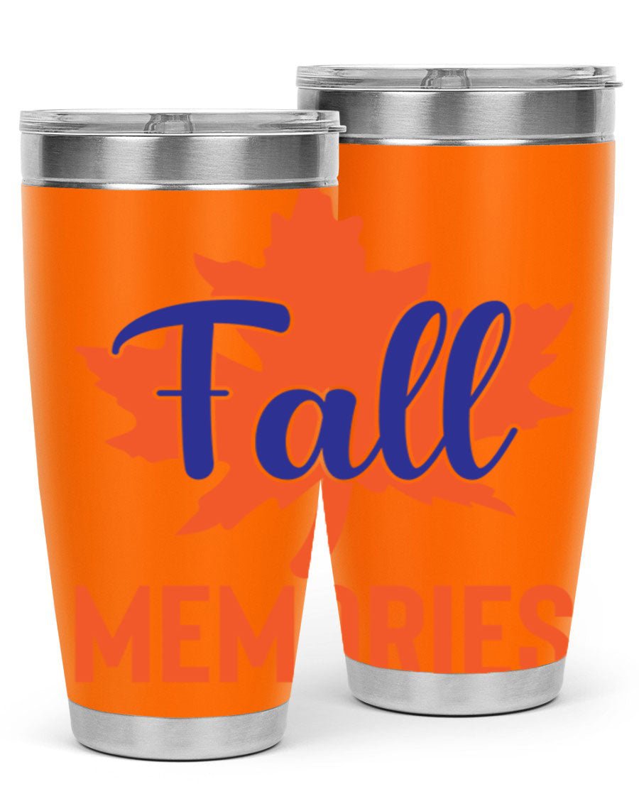 Fall Memories 20oz Tumbler made of stainless steel with a copper lining, featuring a drink-thru lid and vibrant fall-themed design.