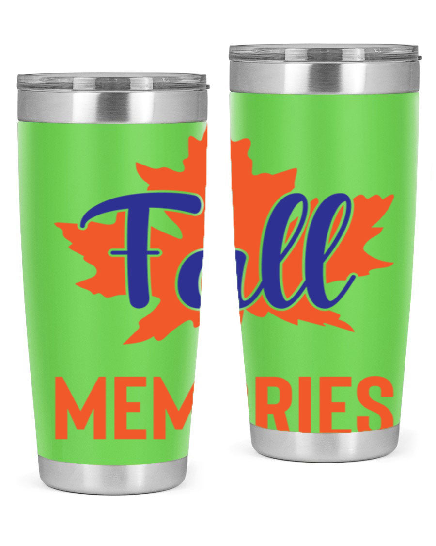 Fall Memories 20oz Tumbler made of stainless steel with a copper lining, featuring a drink-thru lid and vibrant fall-themed design.