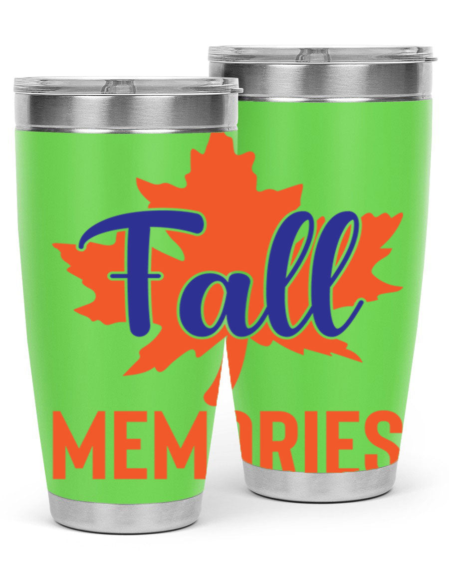 Fall Memories 20oz Tumbler made of stainless steel with a copper lining, featuring a drink-thru lid and vibrant fall-themed design.
